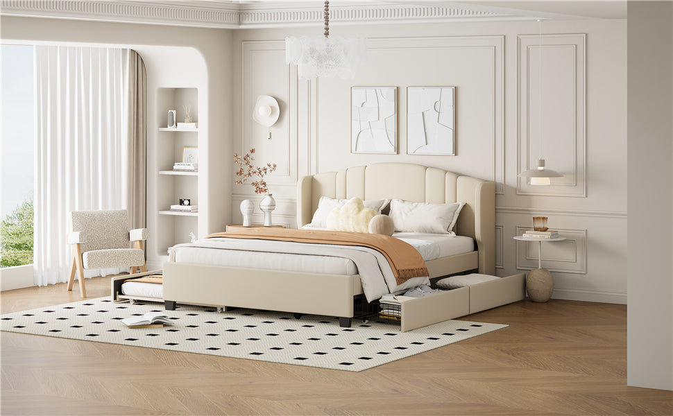 Upholstered Platform Bed with Wingback Headboard, One Twin Trundle and 2 Drawers, No Box Spring Needed, Linen Fabric, Queen Size, Beige image 12