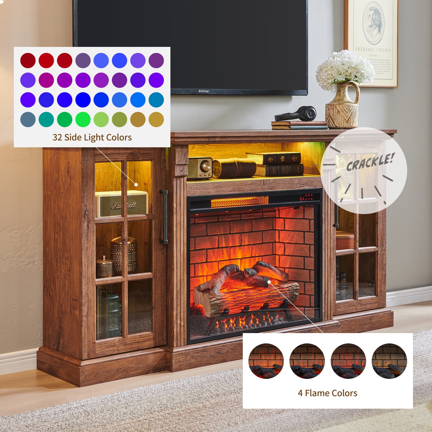 65" Fireplace TV Stand for TVs up to 75",with 28" Electric Fireplace and LED Light image 8
