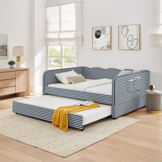 Full‑Size Daybed, Gingham Upholstered 3‑in‑1 Versatile Convertible Sofa Bed with Pull‑Out Trundle & Side Storage Pockets, Ideal for Multiple Room Layouts and Small‑Space Living-Dark Blue image 1