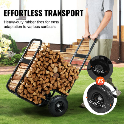 Firewood Log Cart, 250 lbs Load Capacity, Outdoor and Indoor Wood Rack Storage Mover with Pneumatic Rubber Wheels, Heavy Duty Steel Dolly Hauler, Firewood Carrier for Fireplace, Fire Pit, Black image 8