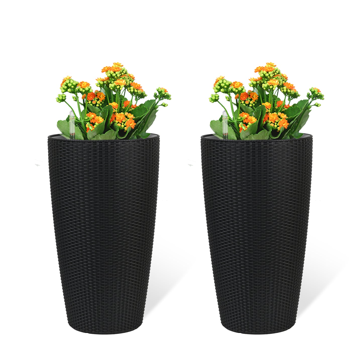 Set of 2 Faux Rattan Tall Planters Outdoor Indoor Large Planters with Water Level Monitor Inner Bucket, Automatic Watering, Flower Plant Pots for Garden, Patio, Porch, Backyard (Black, 22 inch) image 1