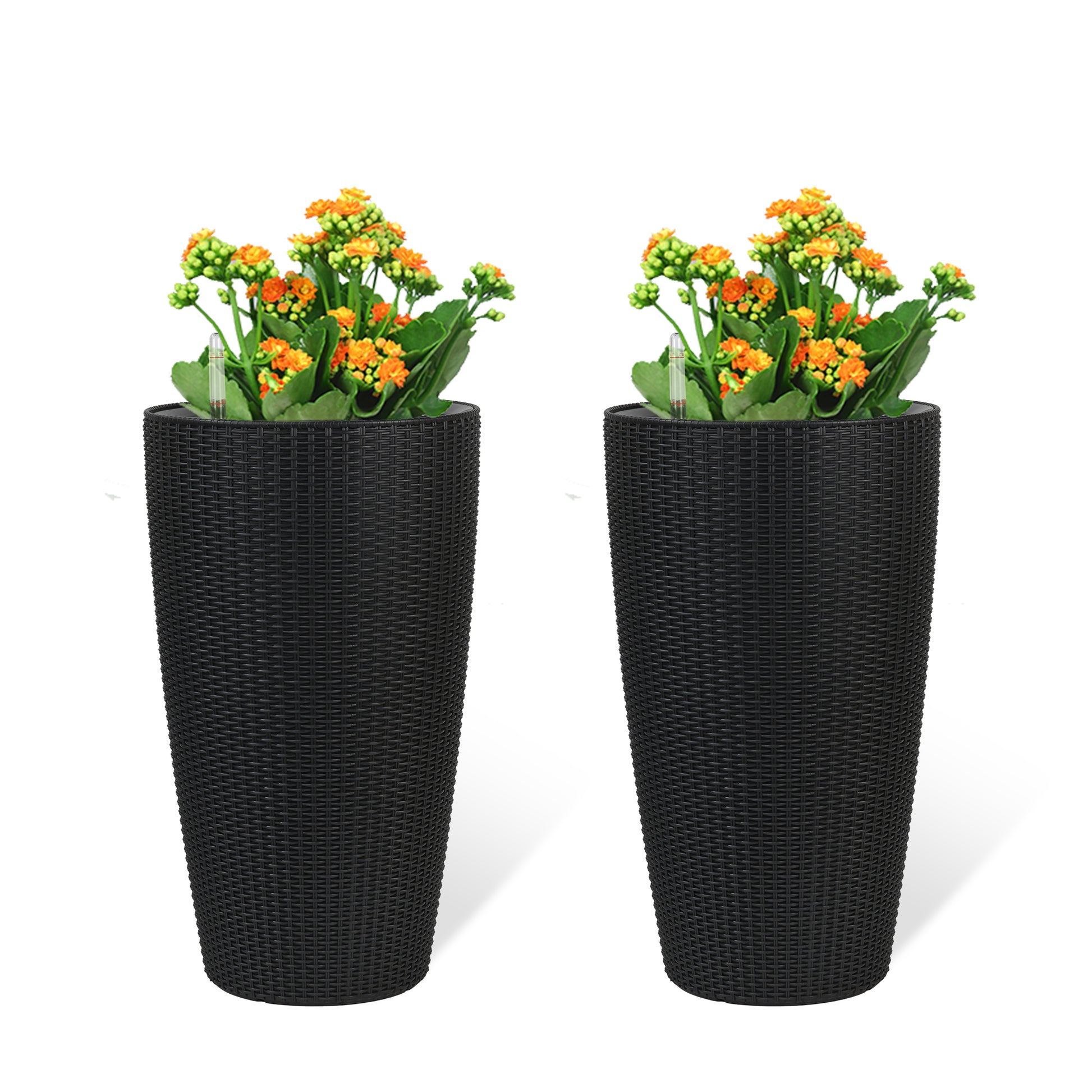 Set of 2 Faux Rattan Tall Planters Outdoor Indoor Large Planters with Water Level Monitor Inner Bucket, Automatic Watering, Flower Plant Pots for Garden, Patio, Porch, Backyard (Black, 22 inch) image 1