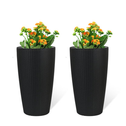 Set of 2 Faux Rattan Tall Planters Outdoor Indoor Large Planters with Water Level Monitor Inner Bucket, Automatic Watering, Flower Plant Pots for Garden, Patio, Porch, Backyard (Black, 22 inch) image 1