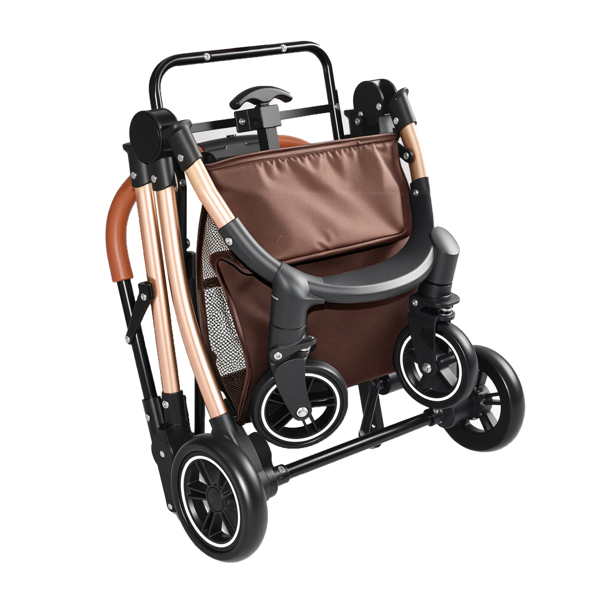 Pet Stroller for Dogs and Cats, 2-in-1 Detachable Foldable 4 Wheels Pet Stroller, Quick One-Hand Fold, Storage Basket, Detachable Carry Basket with Sun Canopy(Khaki++Gold) image 10