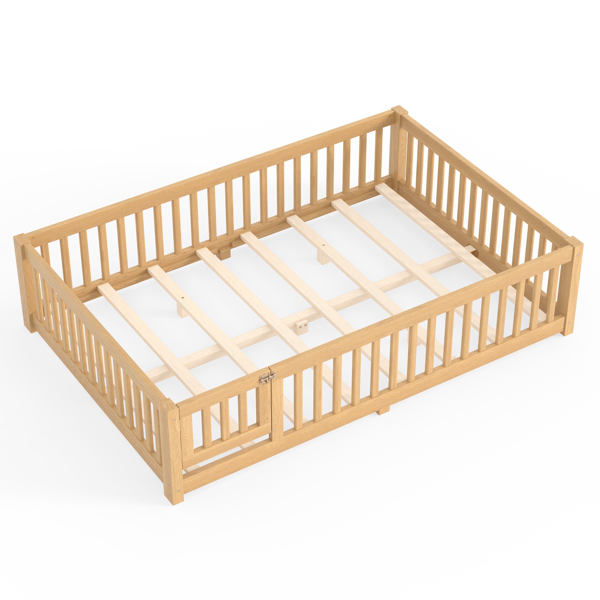 Queen Size Bed Floor Bed with Safety Guardrails and Door for Kids, Natural image 8