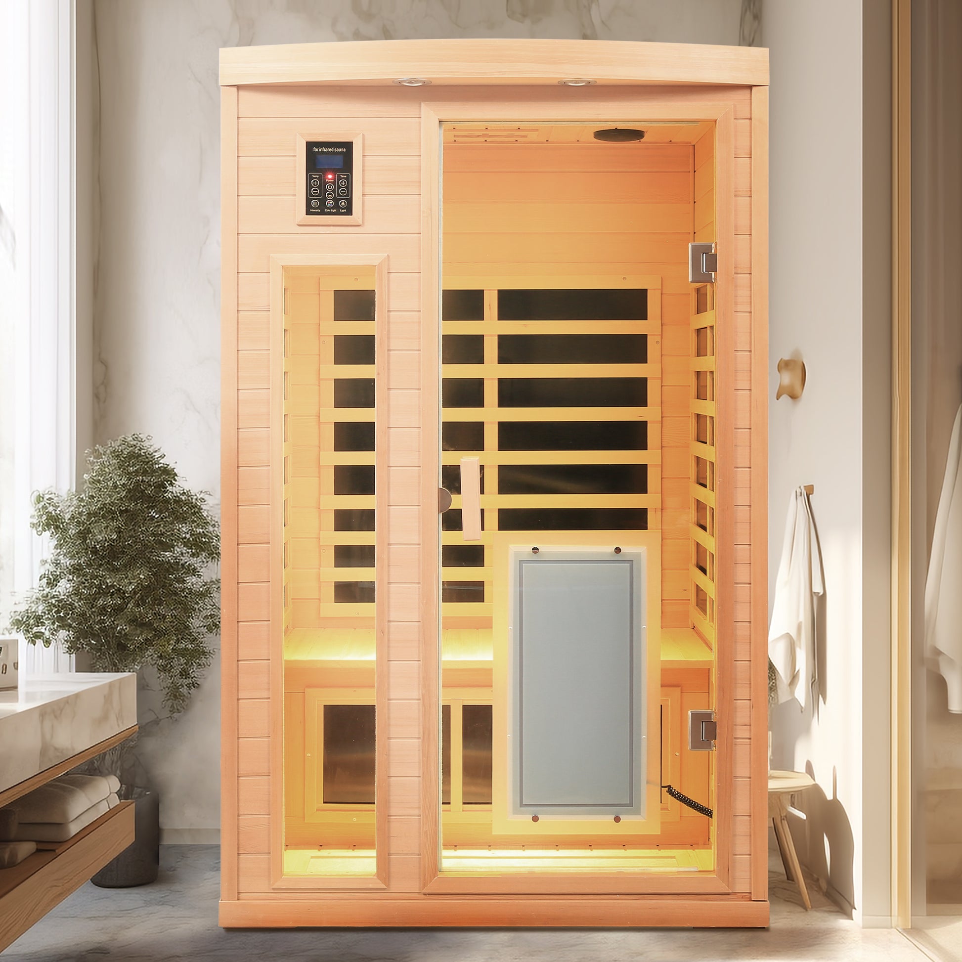 Low EMF, There is also a heating plate on the glass door, Hemlock wood Far-infrared indoor Two person sauna room image 1