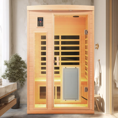 Low EMF, There is also a heating plate on the glass door, Hemlock wood Far-infrared indoor Two person sauna room image 1