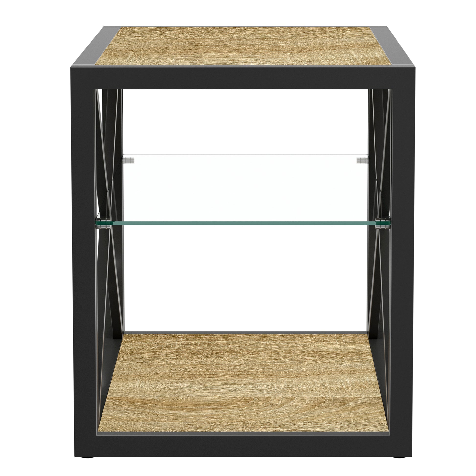 Set of 2 Modern End Table Nightstand for Bedroom & Living Room, Tempered Glass & Natural Wood MDF Top, Industrial Style Side Table image 6