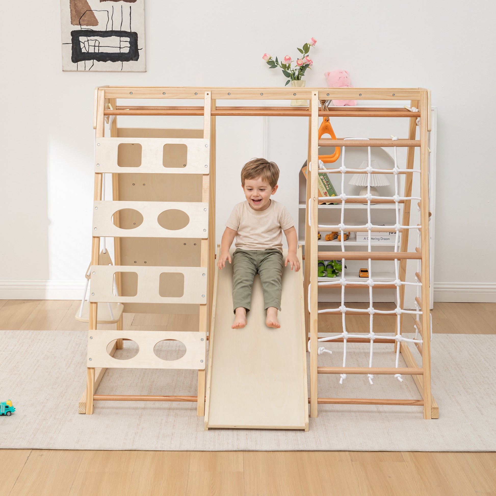 9-in-1 Slide and Climbing Wall for Toddlers 3+, Wooden Indoor Play Structure, Heavy Duty 176 lbs Capacity, Safe Rounded Edge Natural Wood, Balance & Strength Toy Gift image 1