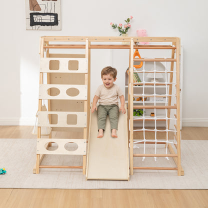 9-in-1 Slide and Climbing Wall for Toddlers 3+, Wooden Indoor Play Structure, Heavy Duty 176 lbs Capacity, Safe Rounded Edge Natural Wood, Balance & Strength Toy Gift image 1