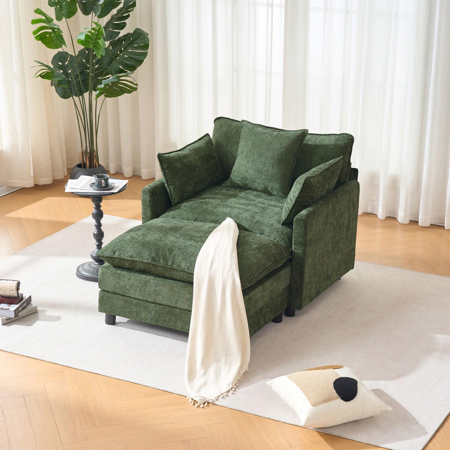 39.4" Modern Accent Chair with Ottoman, Living Room Club Chair Chenille Upholstered Armchair, Reading Chair for Bedroom, Green Chenille image 2