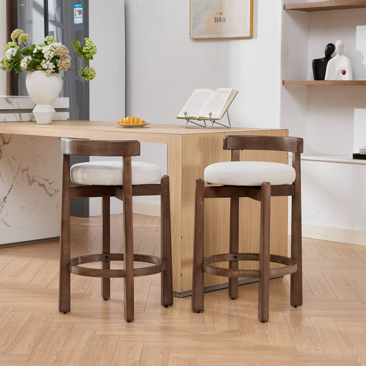 Set of 2 Swivel Counter Stools,Mid-Century Modern Bar Stools with Back,26 Inch Seat Height,Solid Wood Frame,Soft Linen Upholstered Bar Chairs with Footrest,Ideal for Kitchen Island,Beige,SW1882BG image 1
