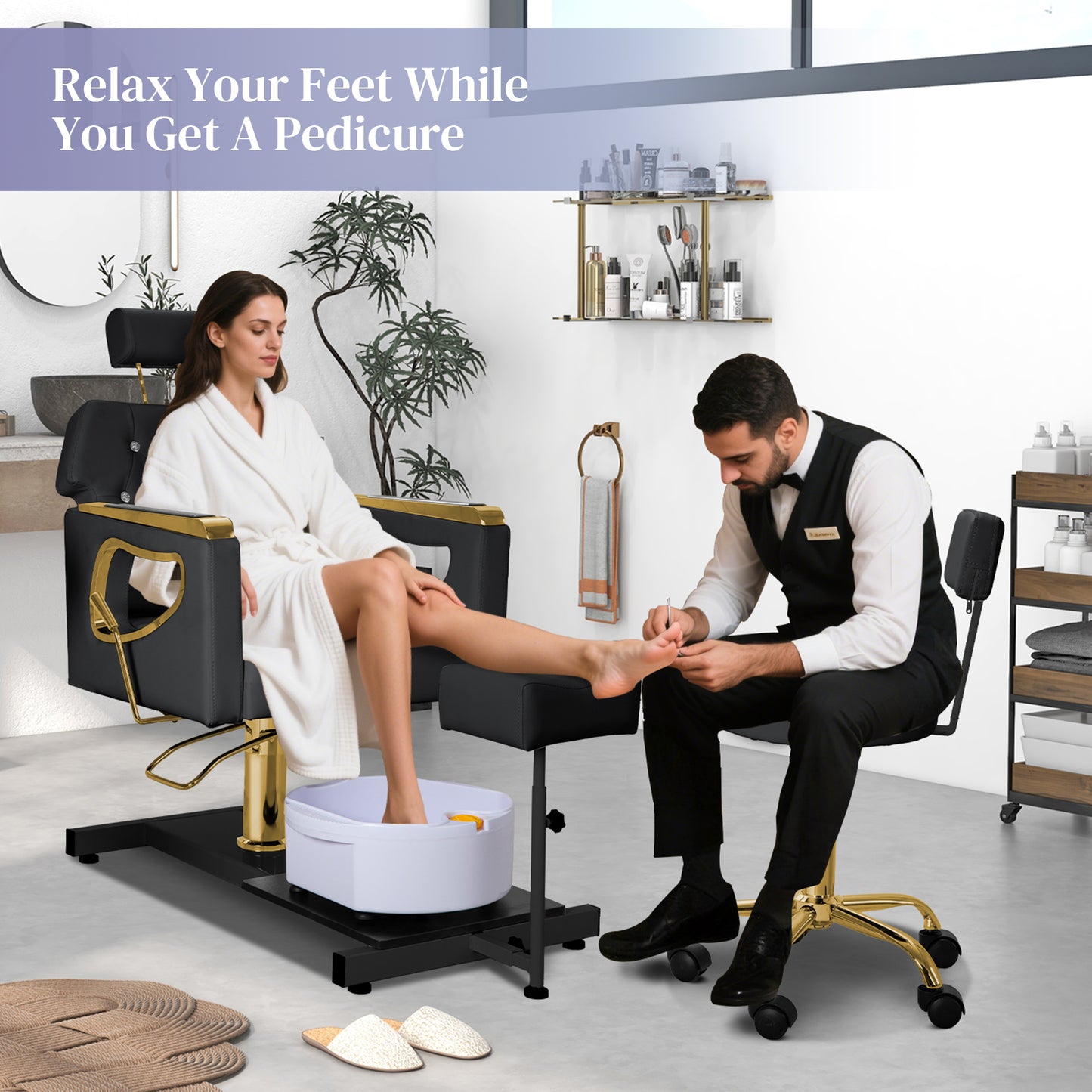 Pedicure Chair No Plumbing,Reclining Pedicure Station Unit with Adjustable Height and 360 Swivel,Hydraulic Foot Spa Chiar with Footrest and Massage Foot Bath, Gold image 7