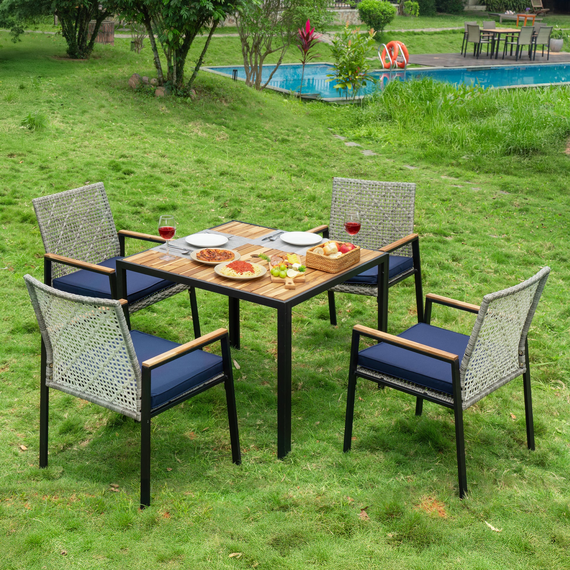 All Weather 5-Piece Patio Dining Table Sets, Patio Conversation Set Acacia Wood Table Top with Umbrella Hole, Rattan Outdoor, Light Gray Color image 9