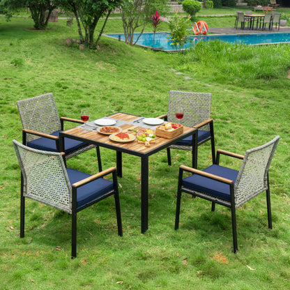 All Weather 5-Piece Patio Dining Table Sets, Patio Conversation Set Acacia Wood Table Top with Umbrella Hole, Rattan Outdoor, Light Gray Color image 9