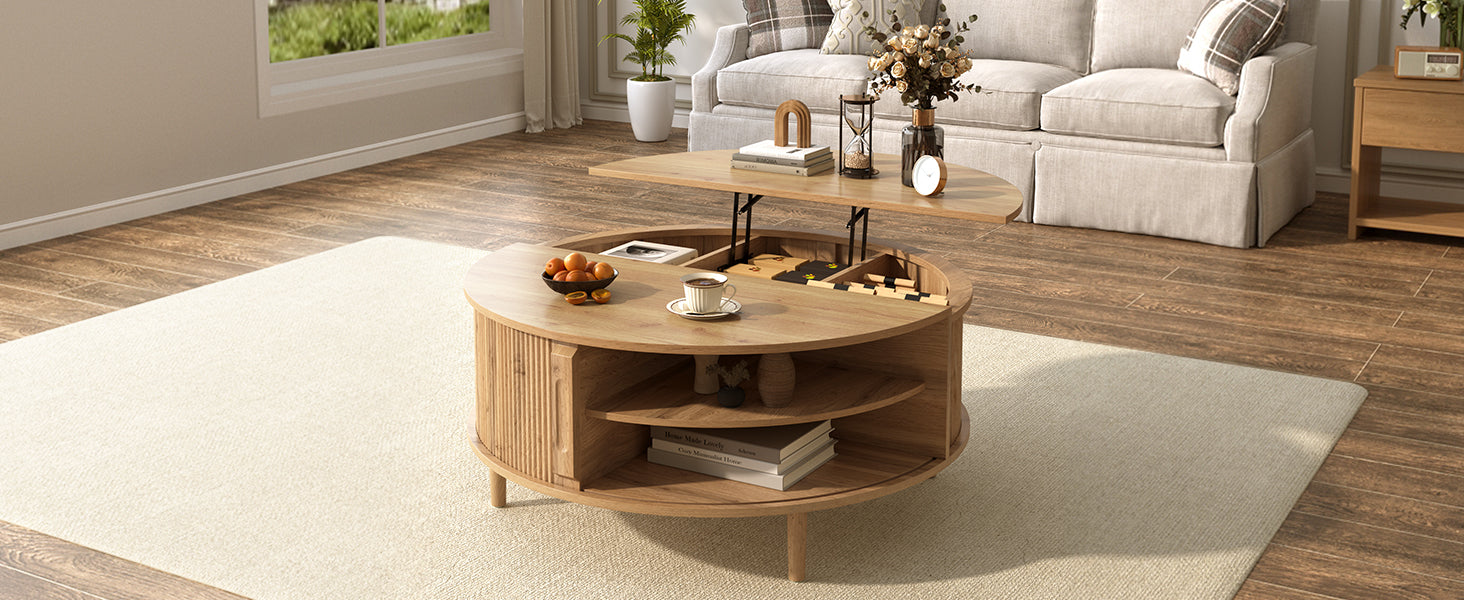 U-Can Minimalist Round Lift-Top Coffee Table with Hidden Storage, Sliding Door, Pine Legs, and Wood Wave Finish image 6