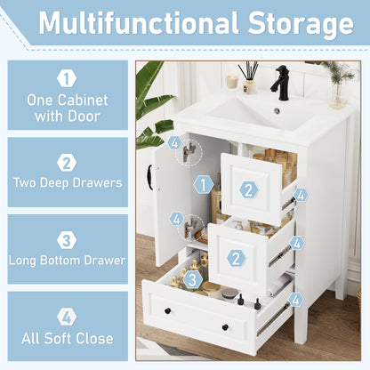 24 inch Bathroom Vanity with Sink, One Cabinet with Soft-closing Door, 3 Soft-closing Drawers, Retro Metal Handles, White image 5