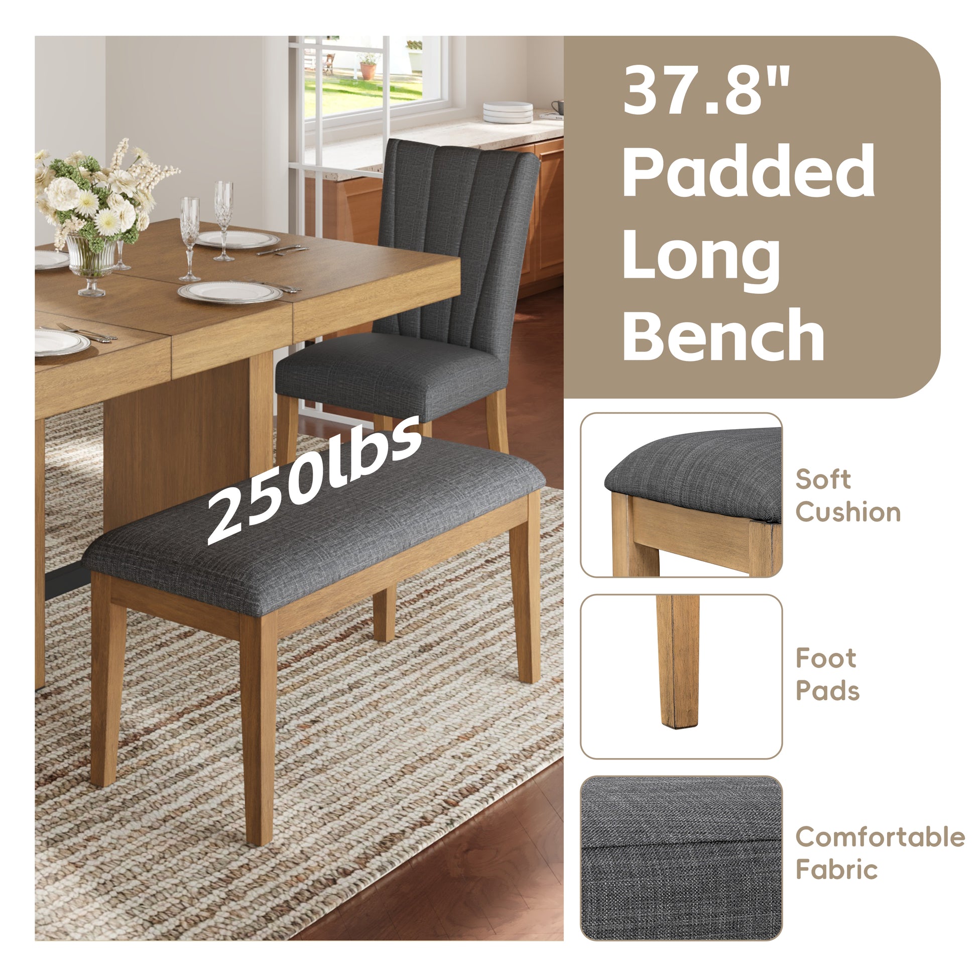 TOPMAX Farmhouse 78.1inch Extendable Wood Dining Table Set for 6, Kitchen Table Set with Bench and 4 Upholstered Chairs,3.8inch Thick Tabletop and Trestle Legs for Kitchen, Dining Room, Brown+Gray image 10