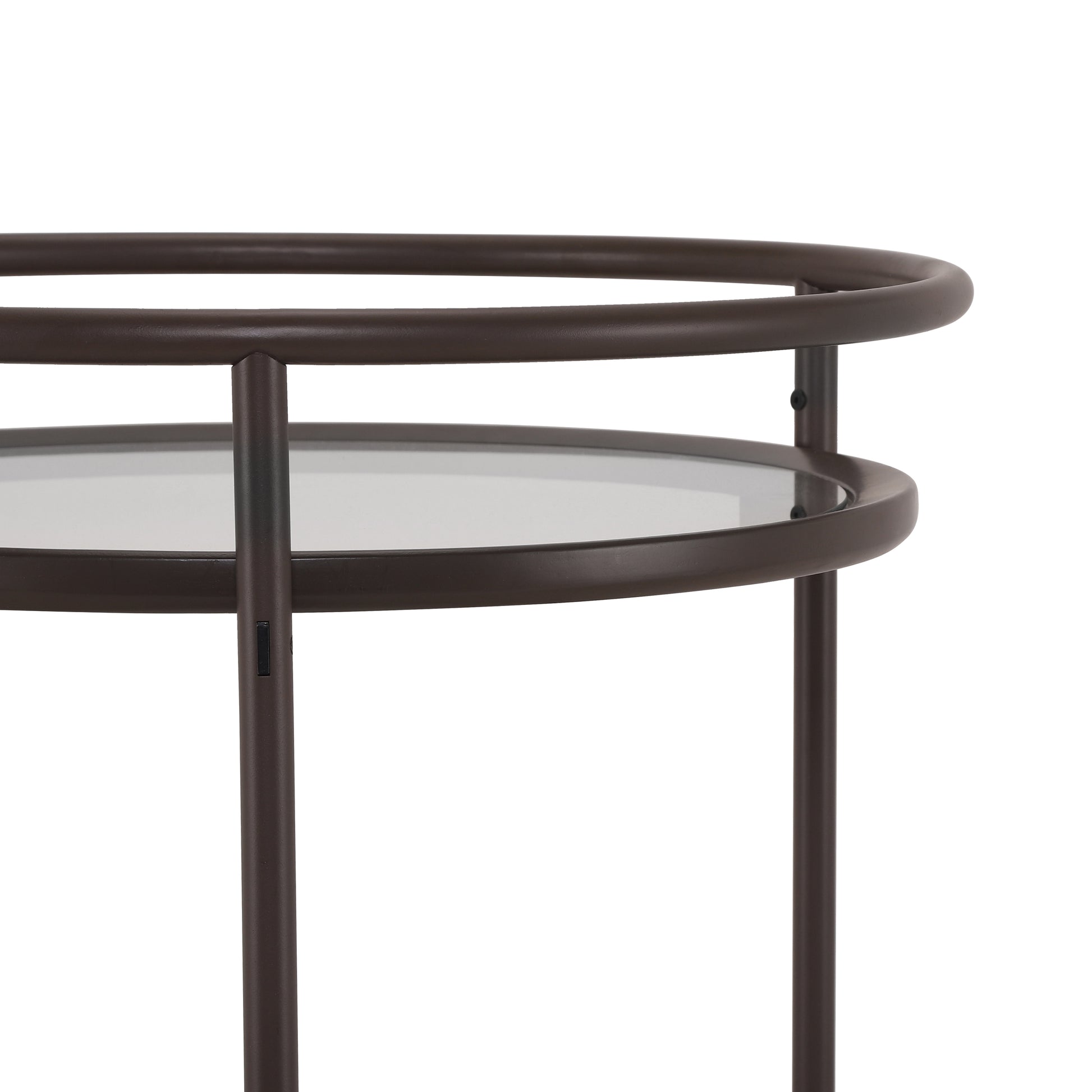 Modern Coffee Brown Round Bar Cart with Tempered Glass Shelves and Gold Locking Casters image 7