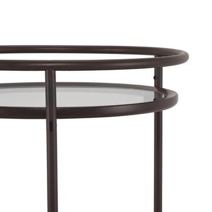 Modern Coffee Brown Round Bar Cart with Tempered Glass Shelves and Gold Locking Casters image 7