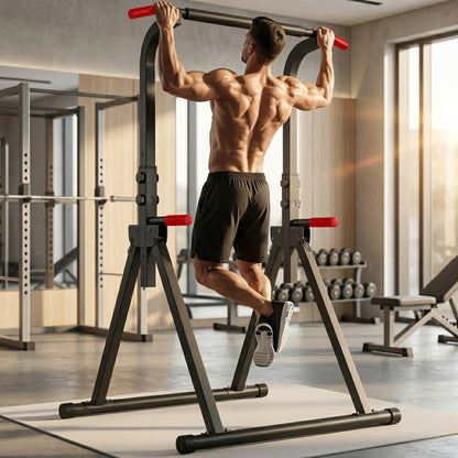 Foldable Pull Up Bar Standing Power Tower - Multi-Function Dip Station, 6-Level Adjustable Height Strength Training Fitness Equipment for Home Gym, 440lbs Max image 2
