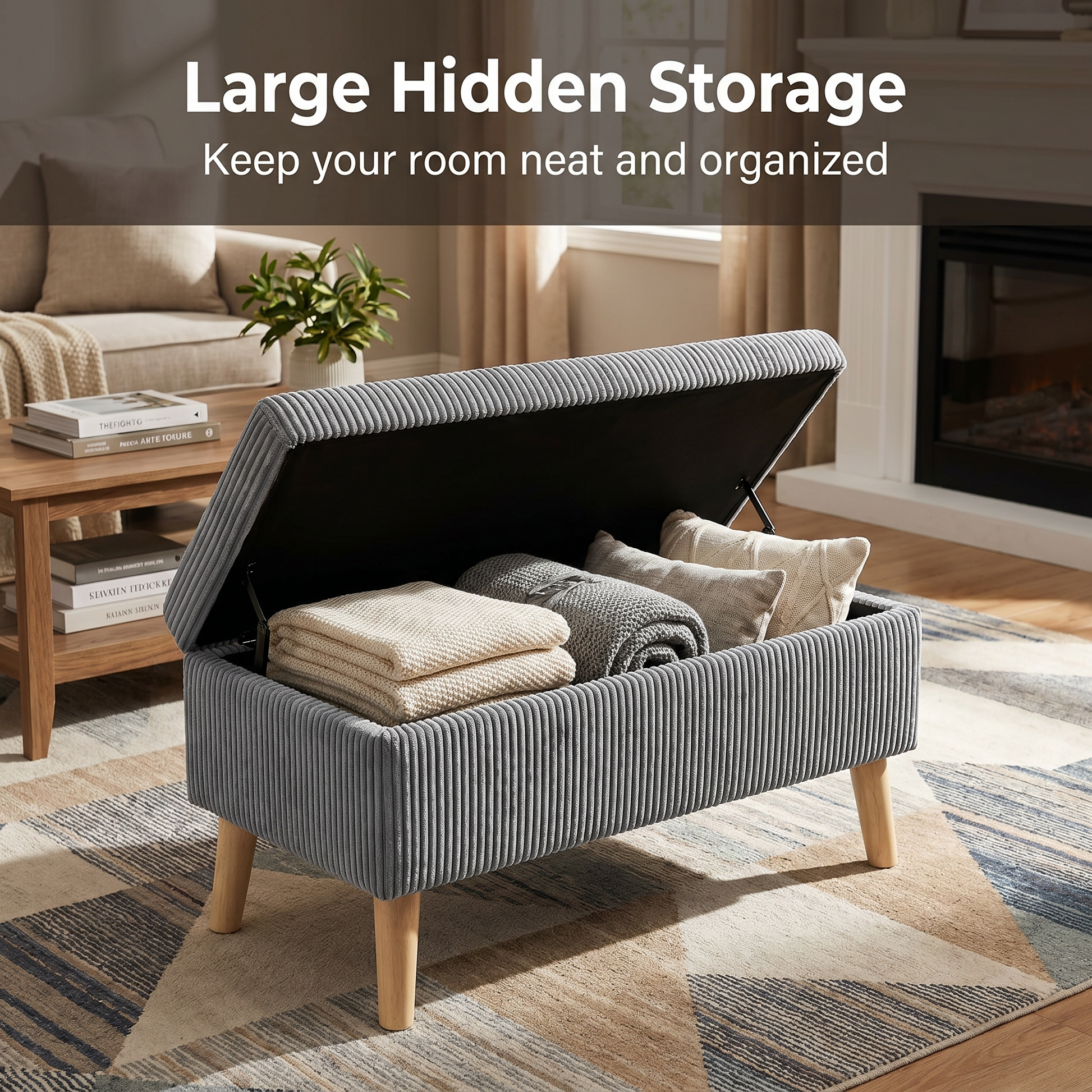 32 inch Wide Olive Grey Corduroy Storage Ottoman Bench with Wooden Legs, Flip-Top Storage Box, Soft Upholstered End of Bed Bench, Footrest & Shoe Bench for Bedroom, Living Room, Entryway image 4