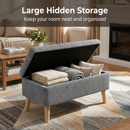 32 inch Wide Olive Grey Corduroy Storage Ottoman Bench with Wooden Legs, Flip-Top Storage Box, Soft Upholstered End of Bed Bench, Footrest & Shoe Bench for Bedroom, Living Room, Entryway image 4