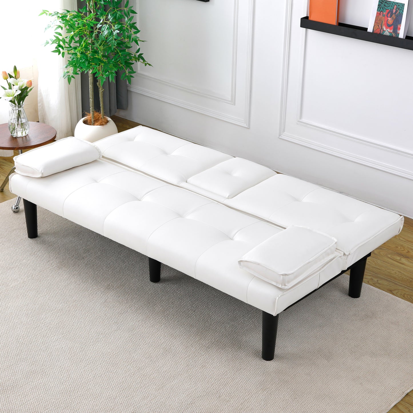 The 67-inch white PVC multi-functional sofa bed, with a foldable and cup holder design, makes it extremely convenient to turn the living room into a guest room image 8