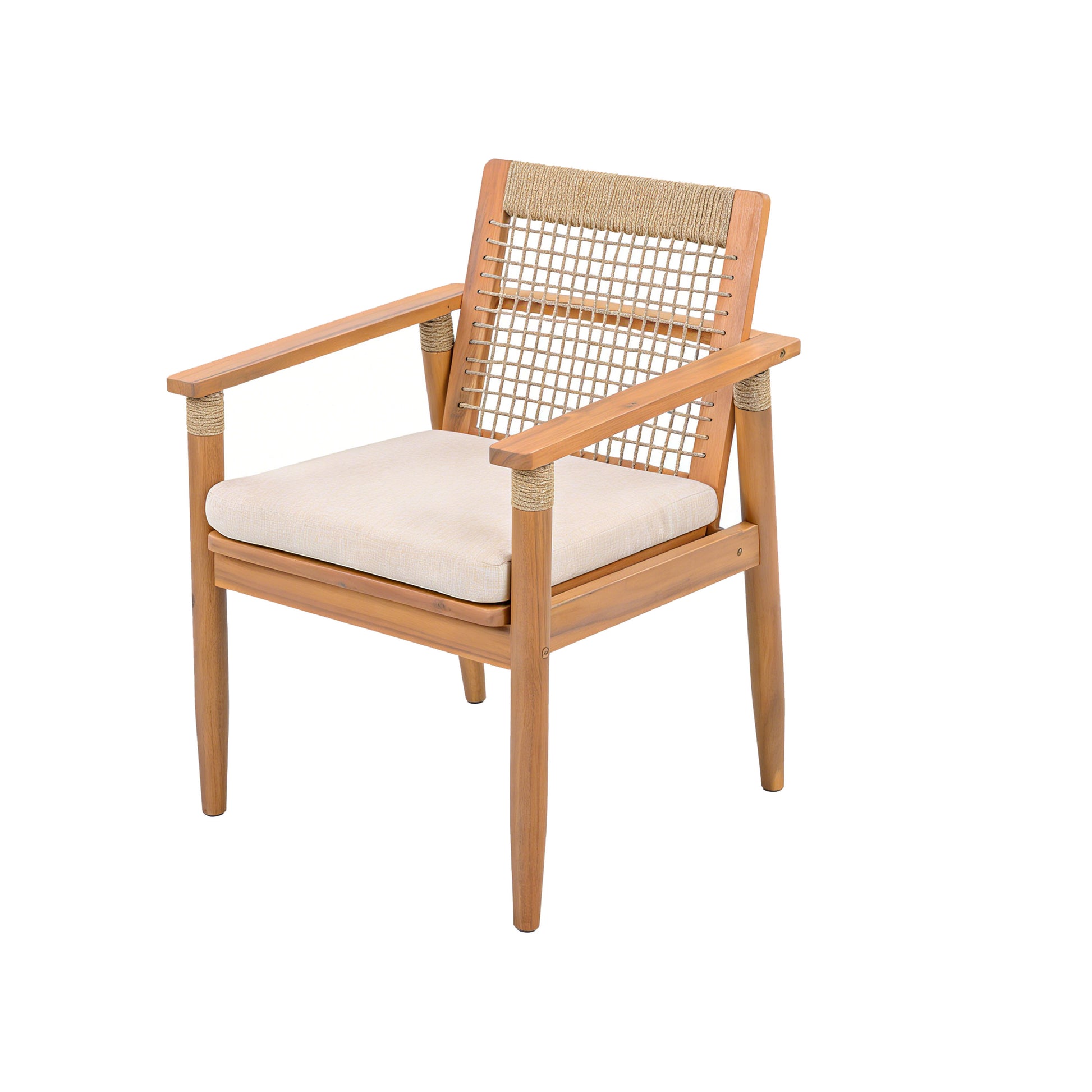 Outdoor Dining Chairs Set of 2, Acacia Wood Patio Armchair with Multi Brown Rope Design Back and Arms and Beige Washable Cushion,for Backyard, Poolside, Garden,Light teak image 10
