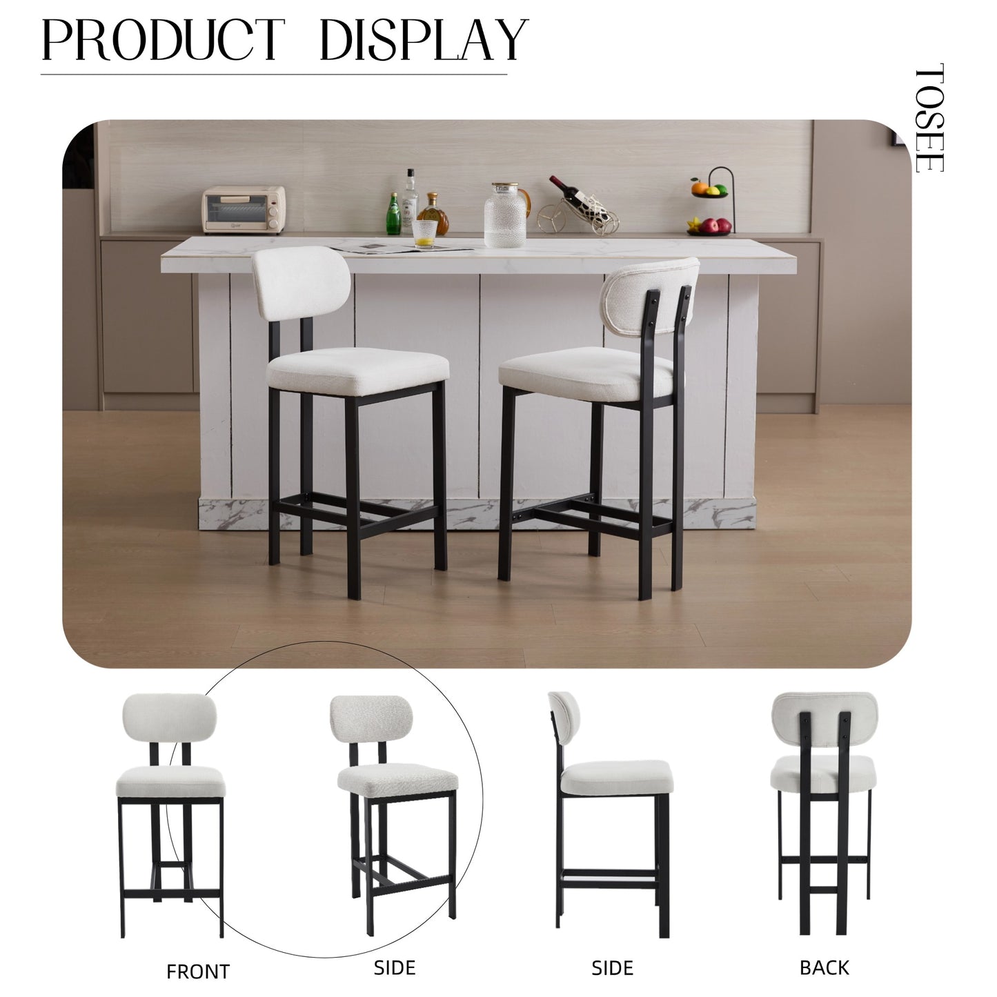 Bar Stools Set of 2, 26 inch Modern Upholstered Fabric Counter Height Barstools, Kitchen Island Chairs with Black Metal Legs for Dining Room/Kitchen Island/Bar image 4