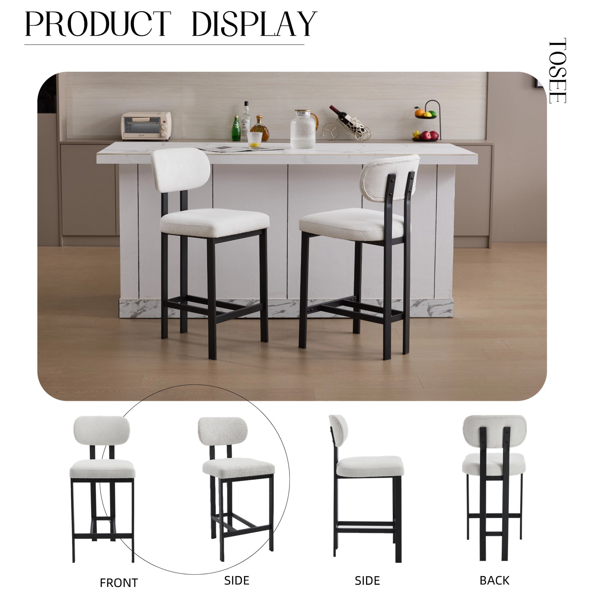 Bar Stools Set of 2, 26 inch Modern Upholstered Fabric Counter Height Barstools, Kitchen Island Chairs with Black Metal Legs for Dining Room/Kitchen Island/Bar image 4