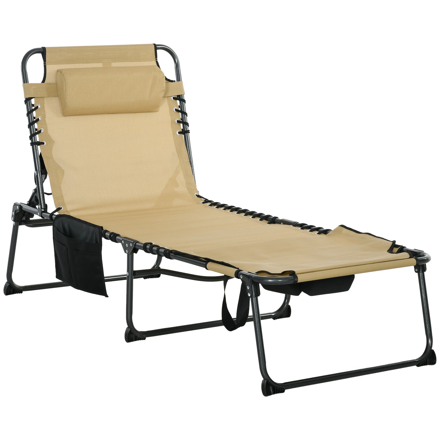 Outsunny Folding Chaise Lounge with 5-level Reclining Back, Outdoor Tanning Chair with Reading Face Hole, Outdoor Lounge Chair with Side Pocket & Headrest for Beach, Yard, Patio, Beige image 1