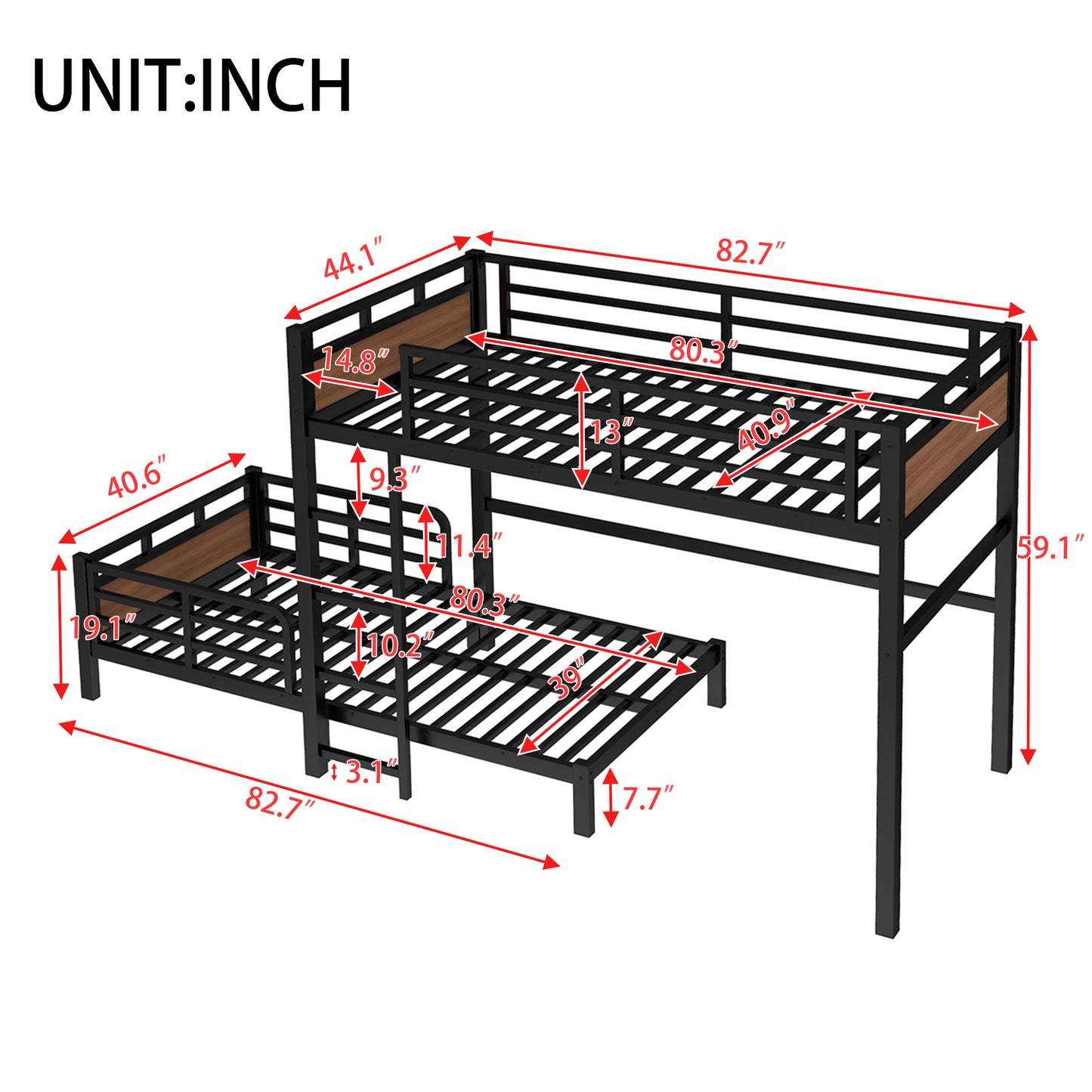 Twin XL over Twin XL Metal Bunk Bed/Metal Loft Bed,Separable Bunk Beds,with raised security fence,Walnut Color image 4