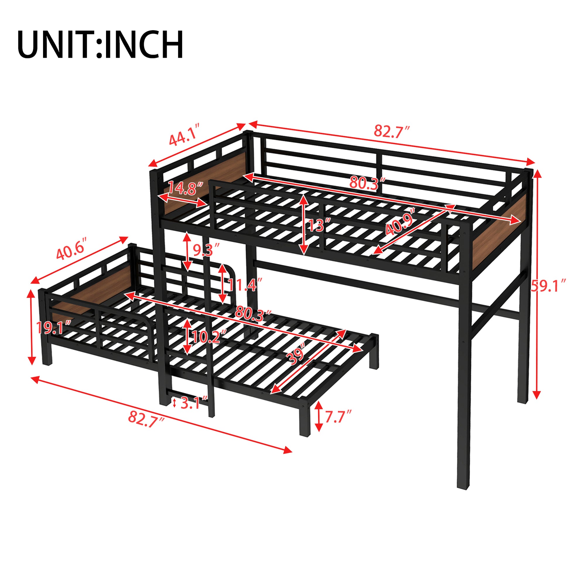 Twin XL over Twin XL Metal Bunk Bed/Metal Loft Bed,Separable Bunk Beds,with raised security fence,Walnut Color image 4