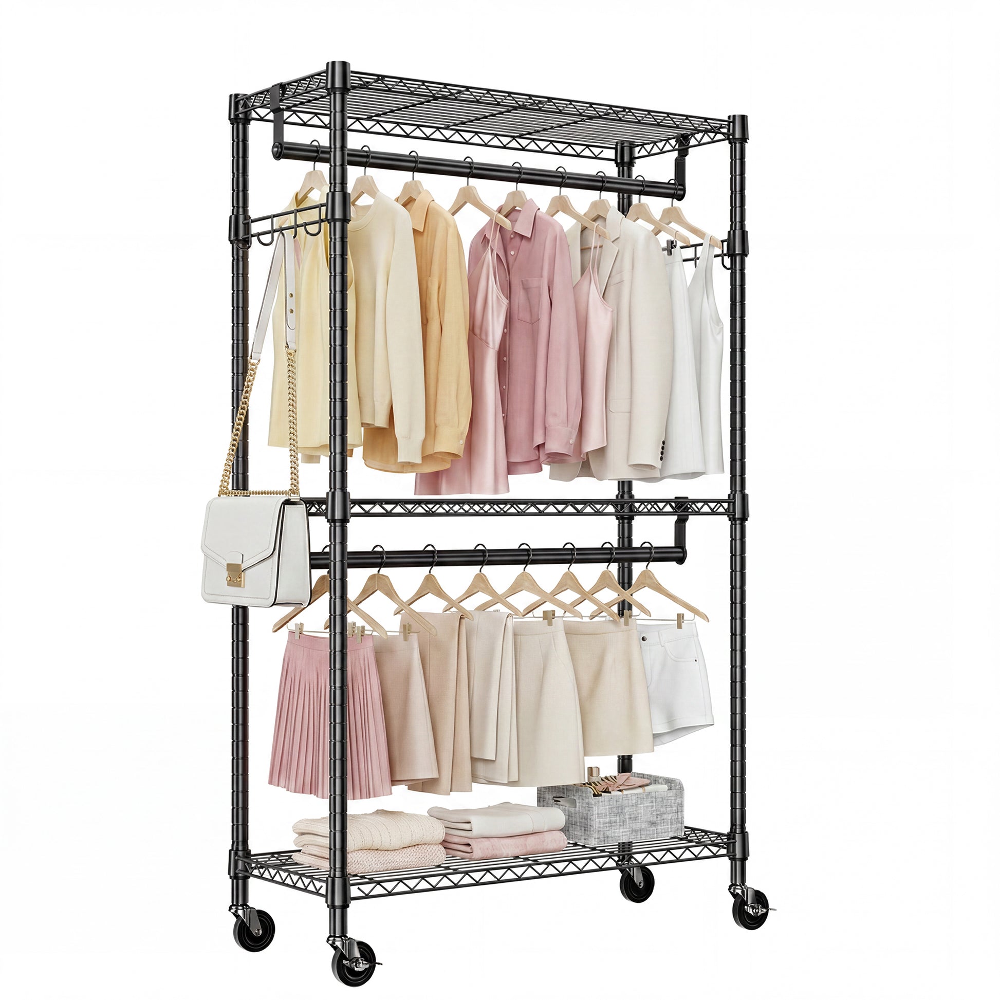 Heavy Duty Rolling Garment Rack 3 Tiers Adjustable Wire Shelving Clothes Rack with 2 Rods and Side Hooks,Storage Closet Clothing Rack with Wheels Black 15.7" D x 29.5" W x 74.5" H image 1