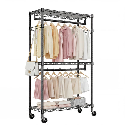 Heavy Duty Rolling Garment Rack 3 Tiers Adjustable Wire Shelving Clothes Rack with 2 Rods and Side Hooks,Storage Closet Clothing Rack with Wheels Black 15.7" D x 29.5" W x 74.5" H image 1