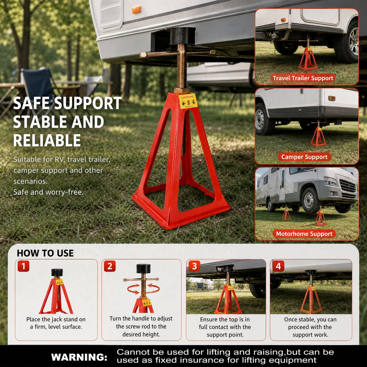 4-Pack RV Stabilizer Jacks, Heavy Duty Adjustable Screw Jack Stands for Travel Trailer Camper, 3300 Lbs Each Load Capacity, 11" to 17" Height Range, with Spare Nuts & Rubber Pads for RV Leveling & Sup image 7