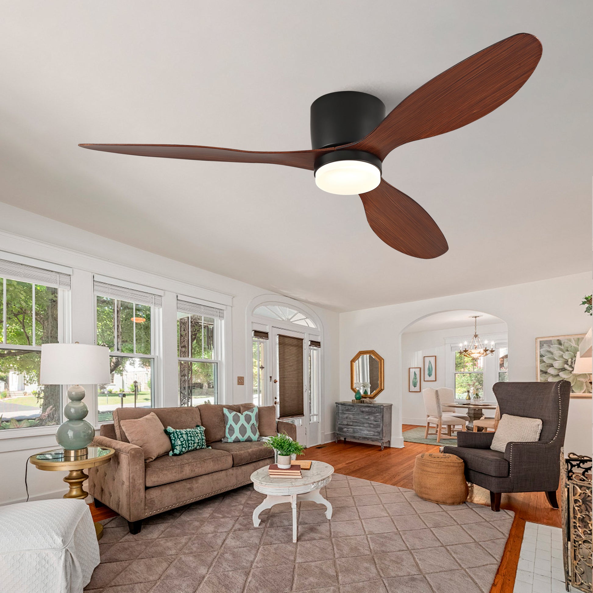 52 Inch Ceiling Fans with Lights, Flush Mount Low Profile, 3 ABS Blades Ceiling Fan with Light and Remote, 6-Speed, Reversible DC Motor, Noiseless, for Bedroom, Indoor/Outdoor, Black+Walnut image 1