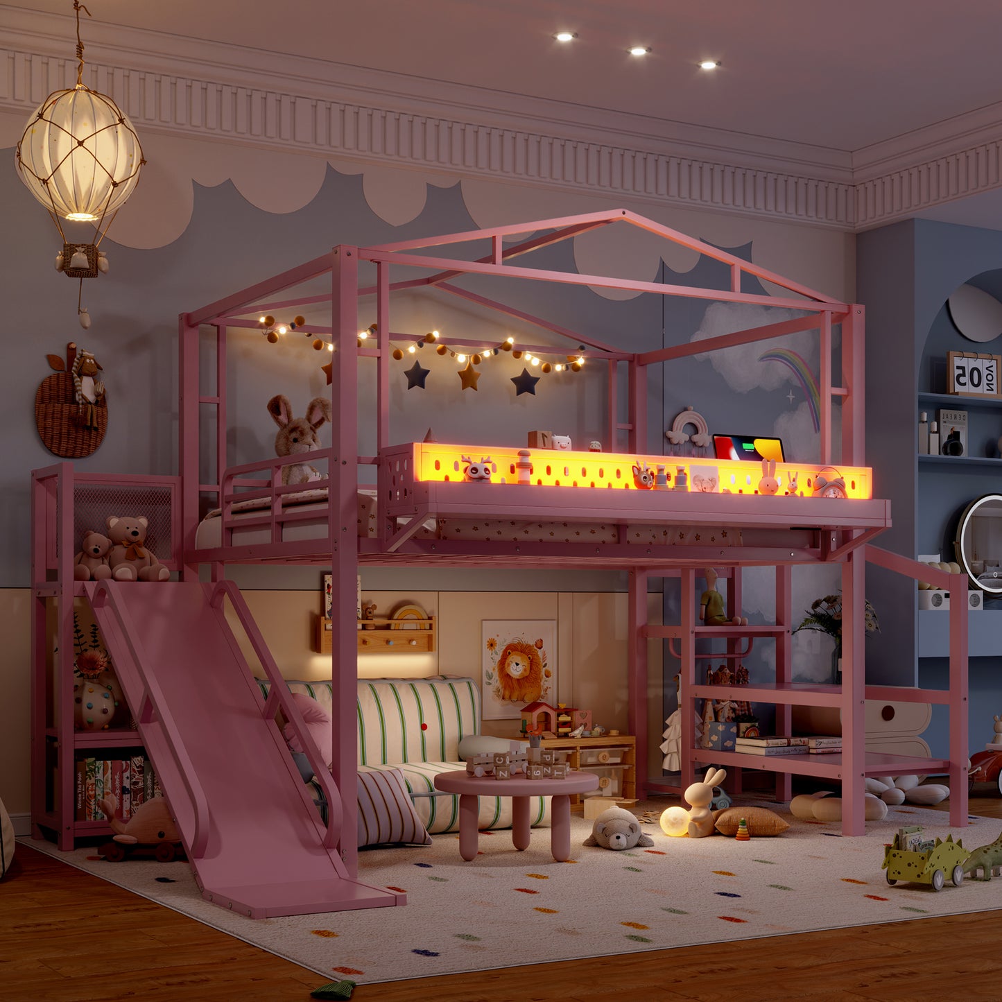 Full Size Loft Bed with Storage Stairs, Shelves and Built-in Wardrobe, Metal Loft Bed Frame with USB Ports and LED Lights, Noise-reduced Design, Pink image 3