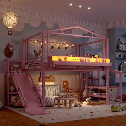 Full Size Loft Bed with Storage Stairs, Shelves and Built-in Wardrobe, Metal Loft Bed Frame with USB Ports and LED Lights, Noise-reduced Design, Pink image 3
