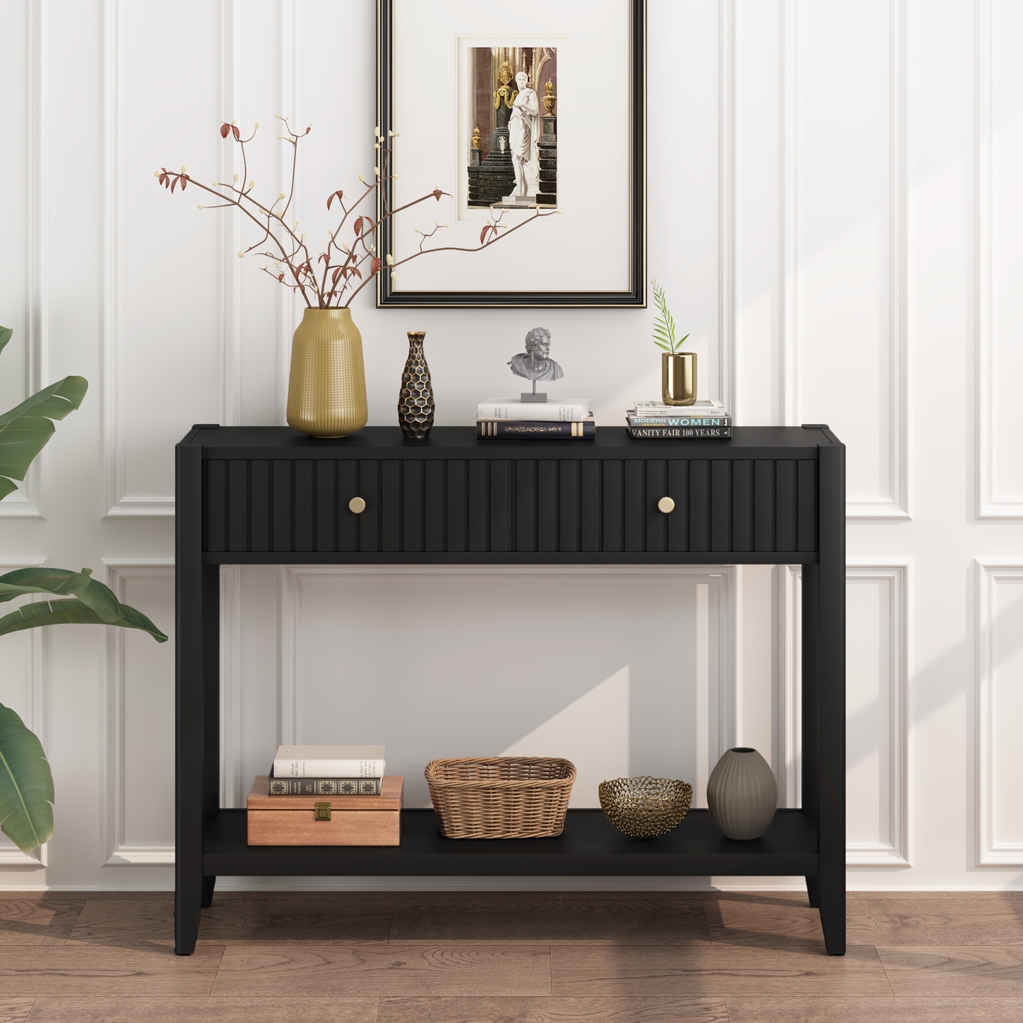 29.53" Tall Console Table with Drawers, Narrow Wood Accent Sofa Table Entryway Table with Storage Shelf for Entryway, Front Hall, Hallway, Living Room, Black image 12