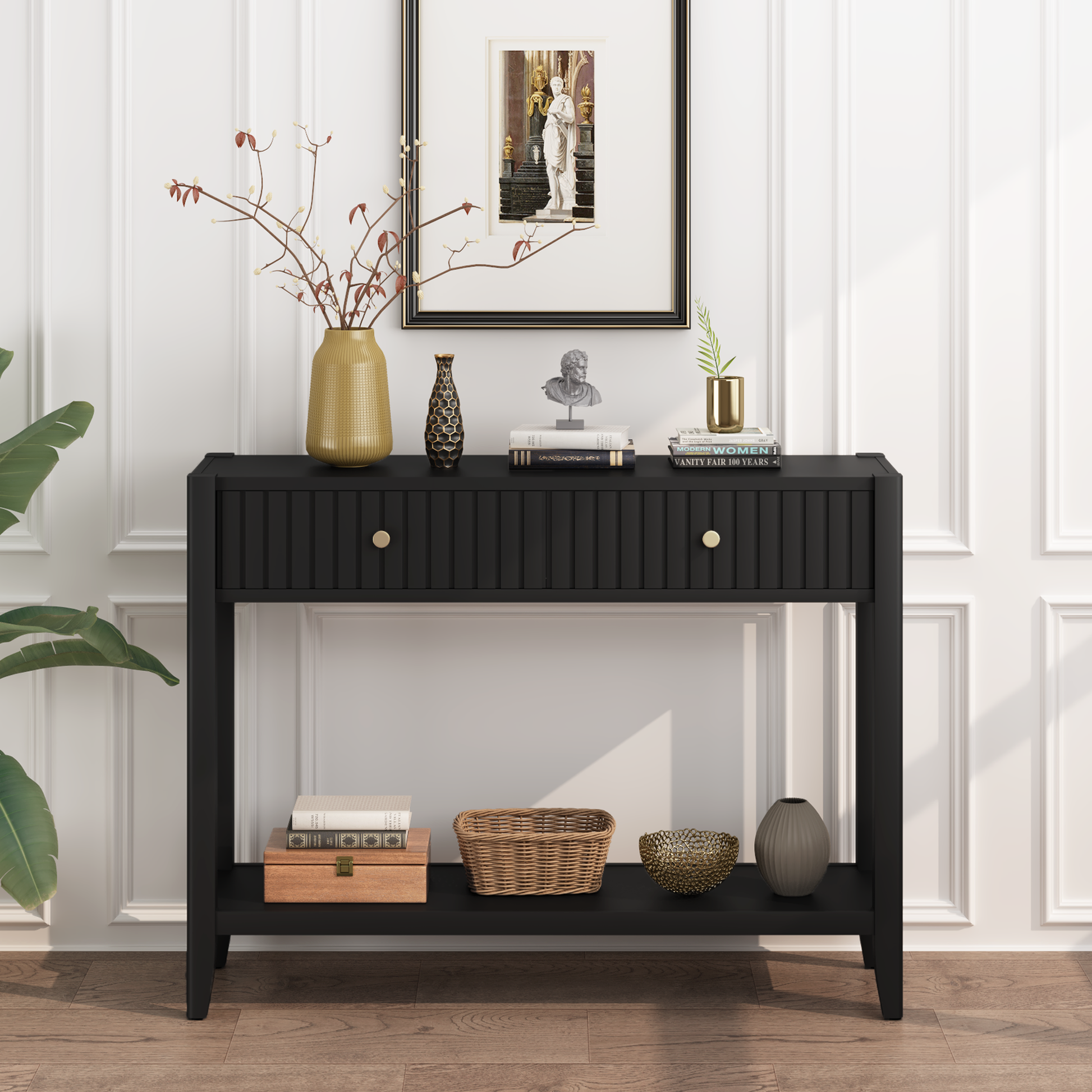 29.53" Tall Console Table with Drawers, Narrow Wood Accent Sofa Table Entryway Table with Storage Shelf for Entryway, Front Hall, Hallway, Living Room, Black image 12