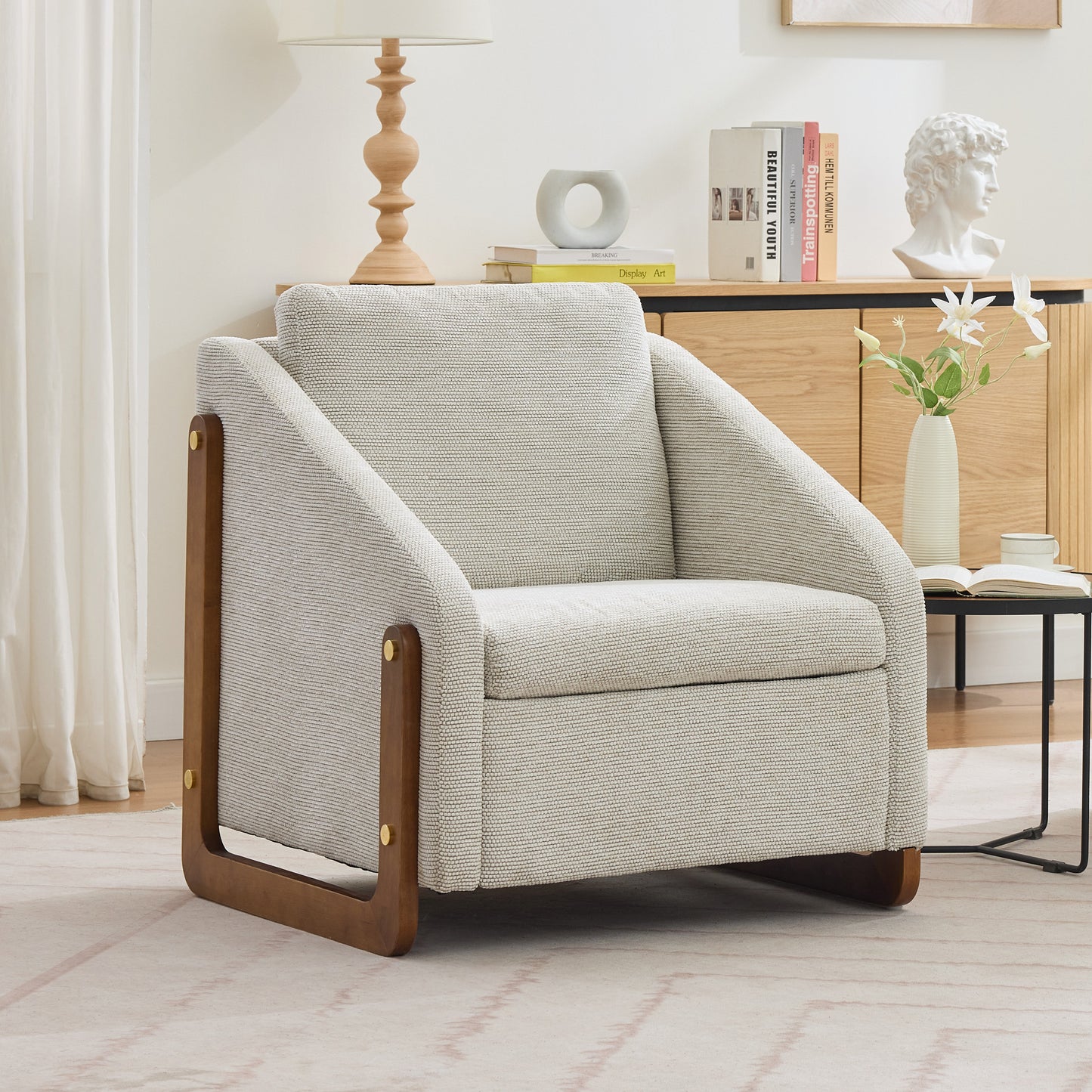 057-Set of 1 Chenille Fabric Modern Upholstered Armchair with Wooden Side Frame, Accent Leisure Chair with Cushioned Seat and Backrest for Living Room, Bedroom,Beige image 9