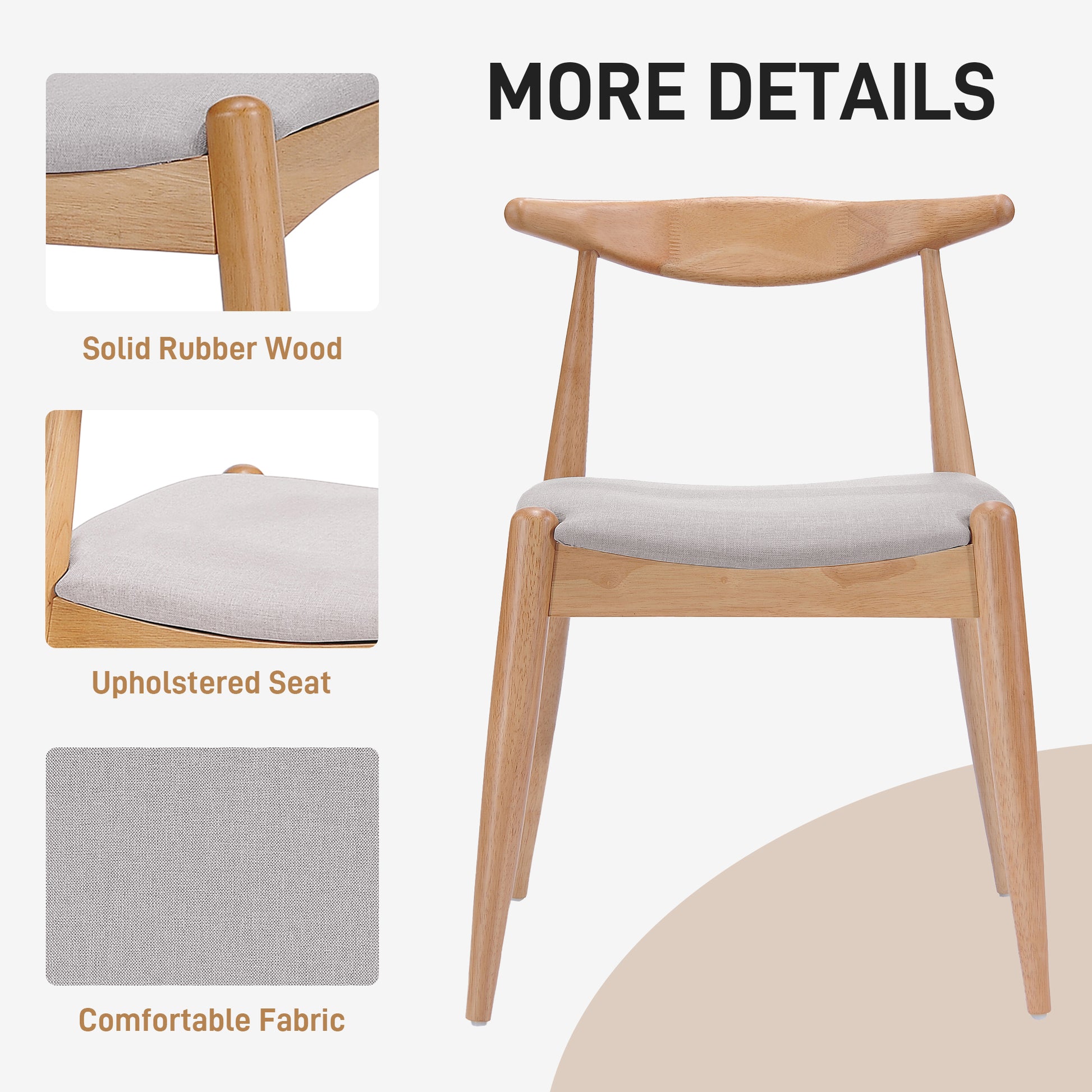 Set of 2 Rubberwood Dining Chairs with Ergonomic Backrest & Comfort Cushions, Natural+Beige (same sku: 59296.00FBEI) image 5