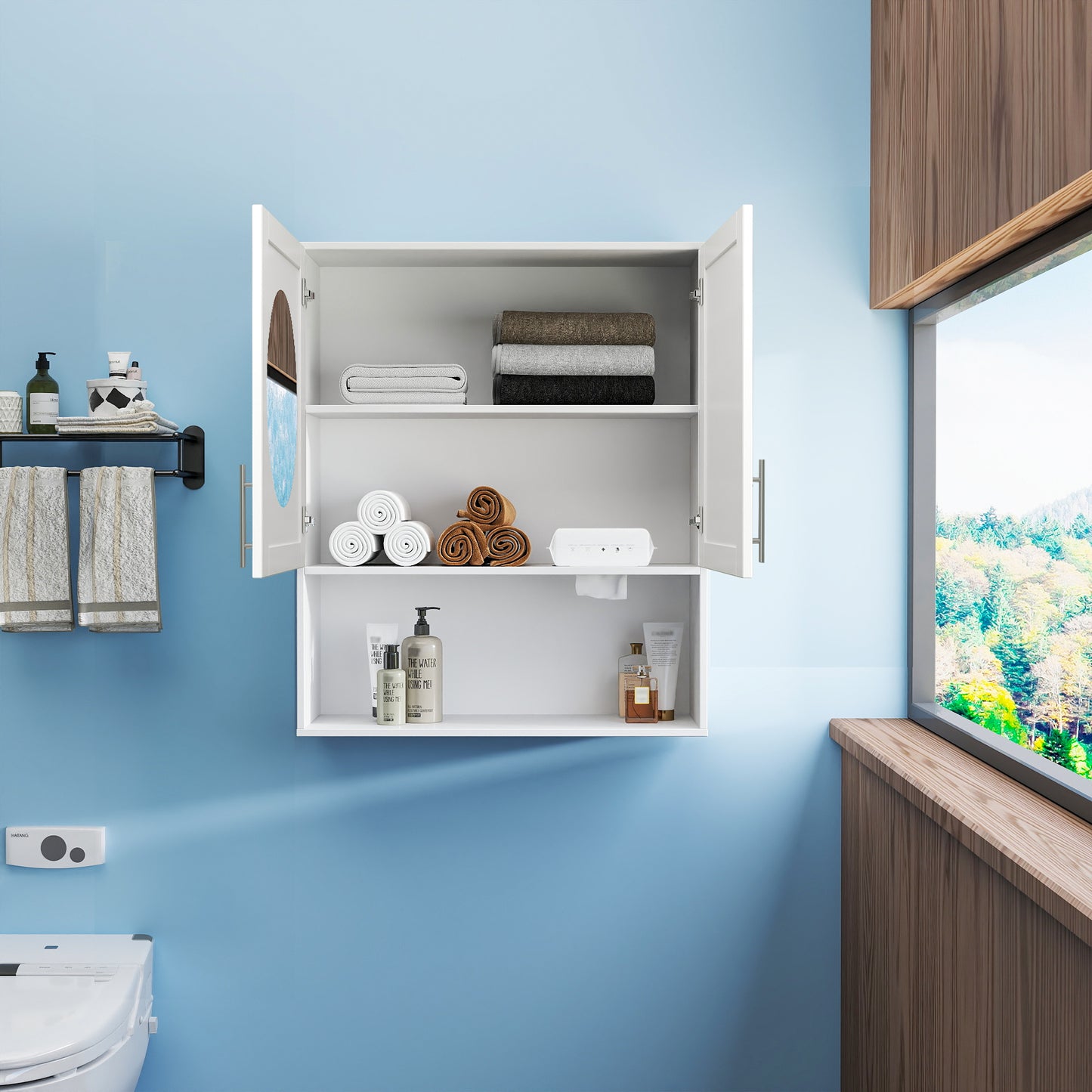 Bathroom Mirror Cabinet - Two Door Wall Cabinet Bathroom Vanity Mirror Cabinet with Facial Tissues Slot and Multifunctional Storage Area image 1