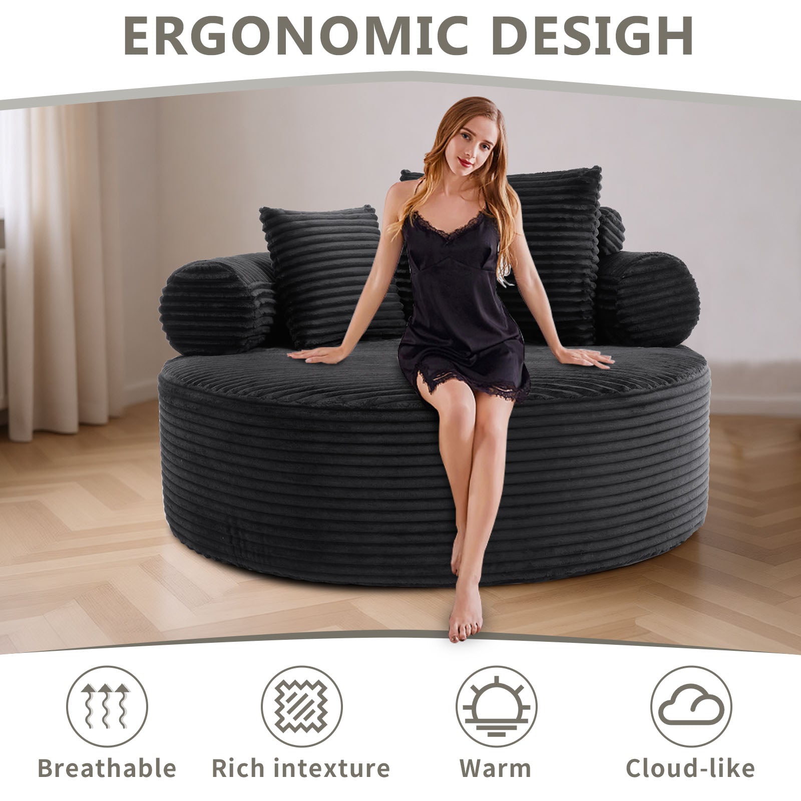 Round Sofa Bed with Memory Foam Sectional Couches for Living Room, Cloud Couch with three pillows, Black image 2