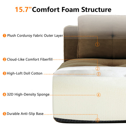 82" Modern L-Shaped Modular Sectional Sofa for Living Room, Corduroy Fabric, 2-Seater Couch with Deep Seat, Pearl-like piping, Tufted Design, No Assembly, Anti-slip Design​, Brown image 10