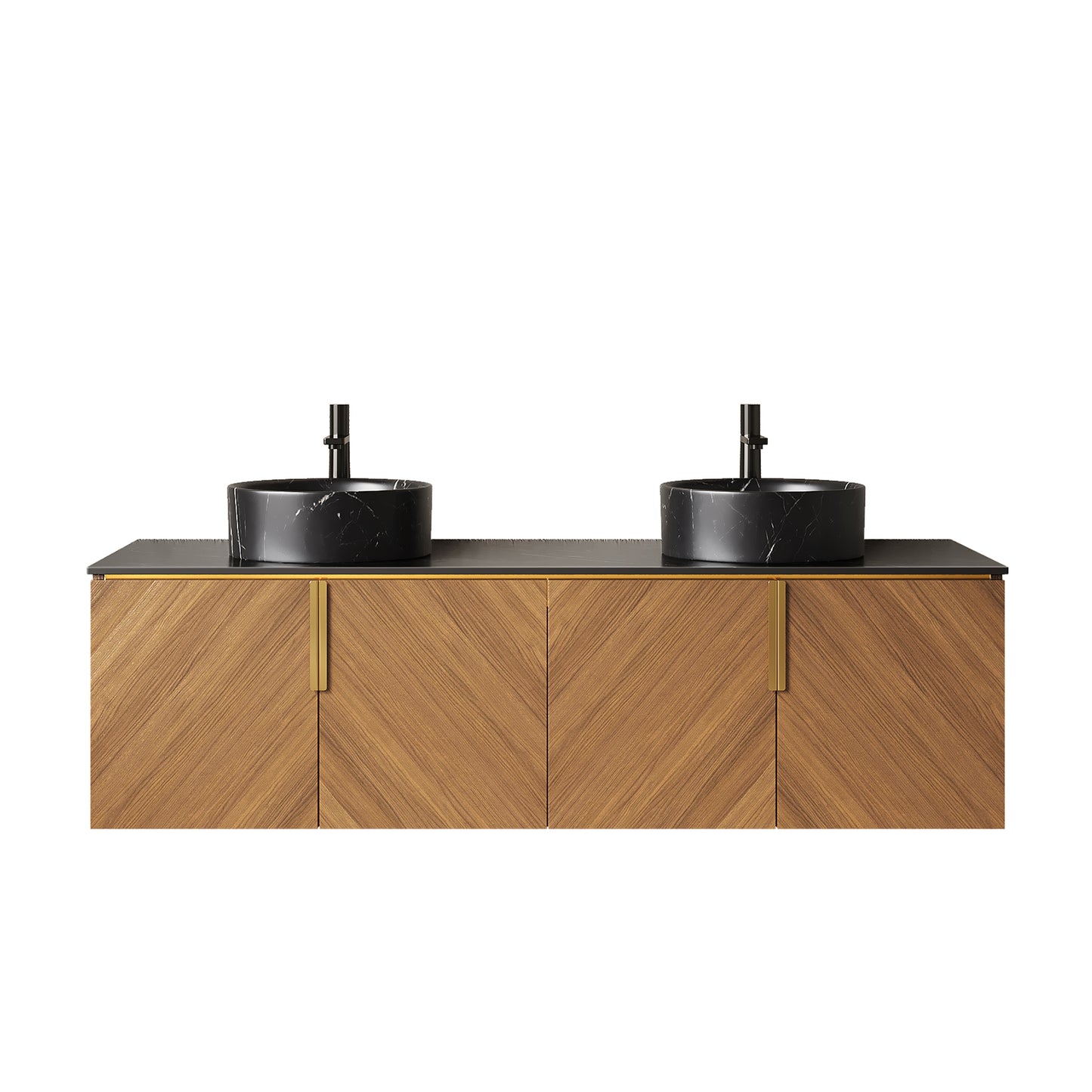 ARAI 60" Bathroom Vanity&Sinks, Wall-Mounted Plywood Bathroom Storage Cabinet with 4 Doors, 2 Black Round Ceramic Basins with Stone Pattern & Black Sintered Stone Countertop, Brown Oak Woodgrain Color image 3