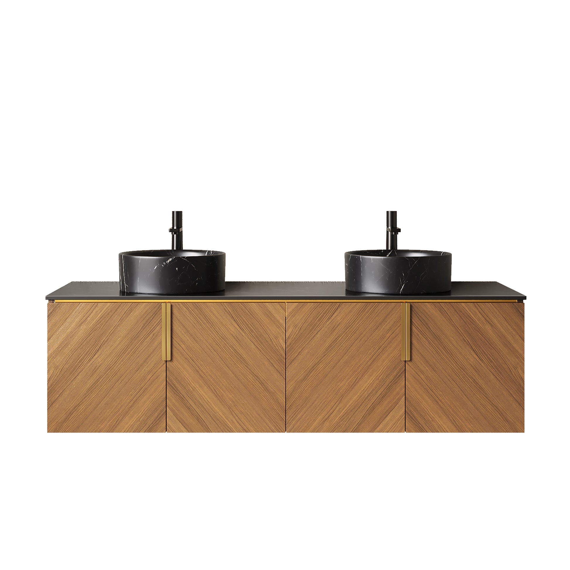 ARAI 60" Bathroom Vanity&Sinks, Wall-Mounted Plywood Bathroom Storage Cabinet with 4 Doors, 2 Black Round Ceramic Basins with Stone Pattern & Black Sintered Stone Countertop, Brown Oak Woodgrain Color image 3
