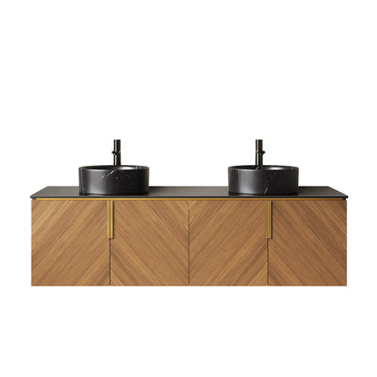 ARAI 60" Bathroom Vanity&Sinks, Wall-Mounted Plywood Bathroom Storage Cabinet with 4 Doors, 2 Black Round Ceramic Basins with Stone Pattern & Black Sintered Stone Countertop, Brown Oak Woodgrain Color image 3